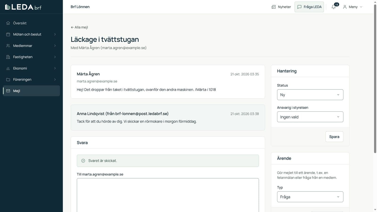Ett mejl i styrelsens gemensamma inkorg i LEDA