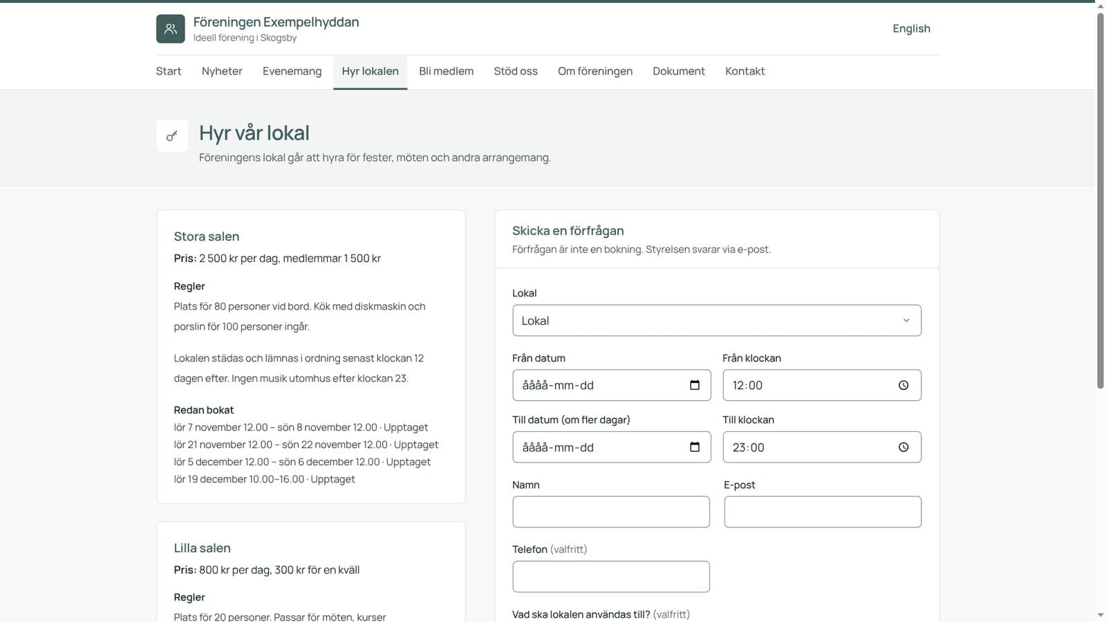 Sidan Hyr vår lokal med pris, regler, bokade dagar och formuläret för förfrågan